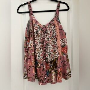 From Anthropologie (brand is Tiny)Floral Pink Boho Button-Front Women’s Tank Top